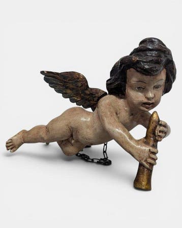 Beeld, Barok engel - 38 cm - Polychroom hout
