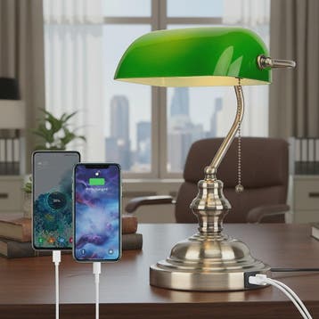 Groene Bankierslamp met 2 USB-poorten en Messing Voet - Klas, Verzenden, Nieuw