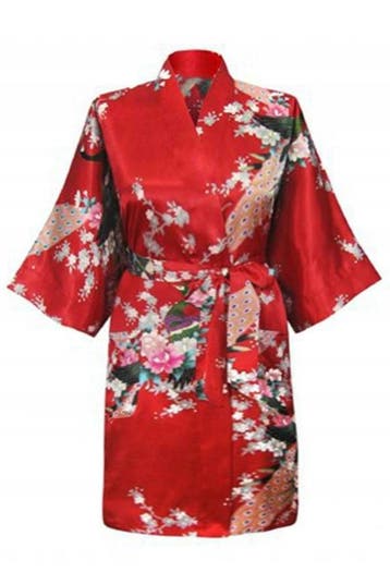 KIMU® Kimono Rood Kort M-L Yukata Satijn Boven de Knie Korte, Ophalen of Verzenden, Nieuw, Maat 38/40 (M), Carnaval