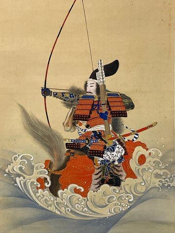 Te paard zijnde samurai-rol, gesigneerd Beisen, scène uit de