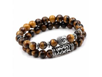 Veiling - Heren Armband Tijgeroog Kralen met Boeddha 2-delig, Nieuw