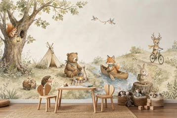 Bosdieren behang kinderkamer – kamperen in het bos, Verzenden, Fotobehang