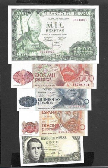 Spanje. - 5 Banknotes - various dates (Zonder minimumprijs), Postzegels en Munten