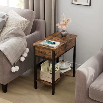 Retro Bijzettafel met Lade en Stoffen Zijvak – Industrieel, Huis en Inrichting, Tafels | Bijzettafels, Verzenden, Nieuw, 55 tot 75 cm