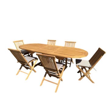 Uitschuif eettafel teak + 6 stoelen - Ovaal | Mokana, Huis en Inrichting, Ophalen of Verzenden, Nieuw