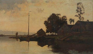 Nederlandse school (XX) - Boerderij aan het water met schip