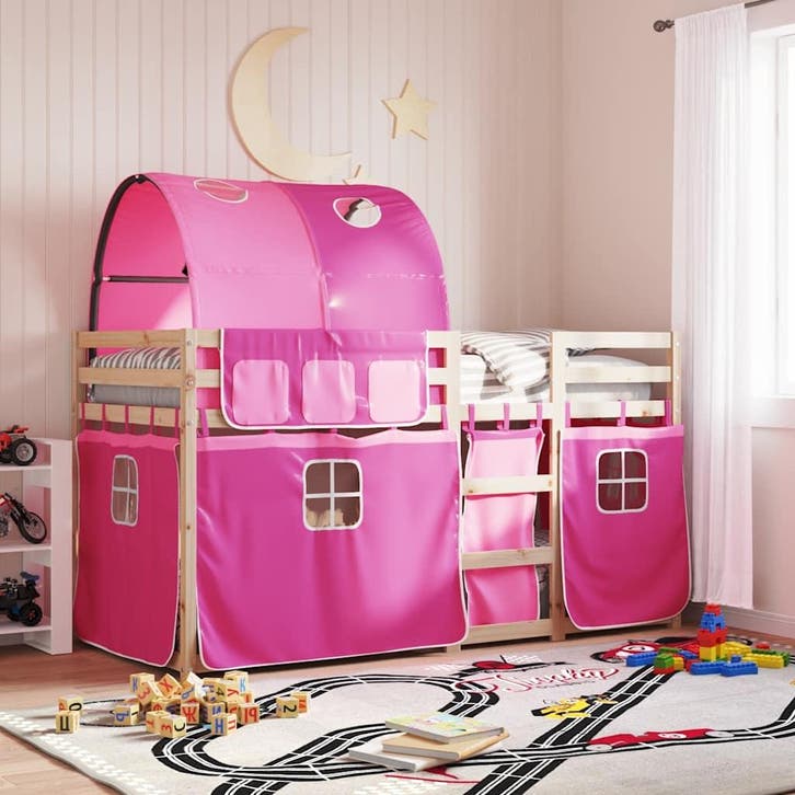 vidaXL Stapelbed met gordijnen 80x200 cm grenenhout roze, Huis en Inrichting, Slaapkamer | Bedden, 80 cm, 200 cm, Eenpersoons
