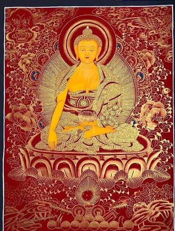 Handgeschilderde Shakyamuni Boeddha thangka - Katoen - Nepal, Antiek en Kunst, Kunst | Niet-Westerse kunst