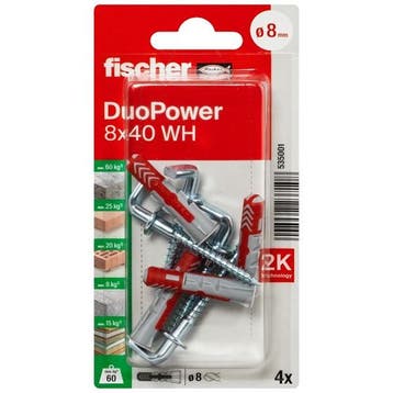 Universele plug met winkelhaak | Fischer DuoPower | 4 stuks, Verzenden, Nieuw