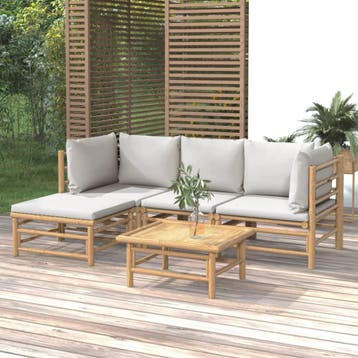 vidaXL 5-delige Loungeset met kussens bamboe lichtgrijs, Verzenden, Nieuw, Hout, Loungeset