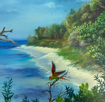François Joly (1961) - Plage tropicale au perroquet (vendu