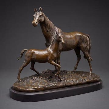 Beeld, Exclusief sculptuur van een paard met veulen 41 cm /, Antiek en Kunst