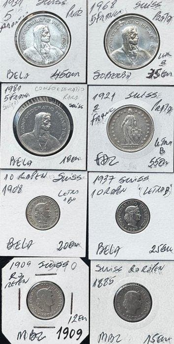 Zwitserland. Lote de 8 Moedas da Confederação Helvética