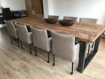 Set van 8 bruine leren kuip eetkamerstoelen met wieltjes -, Ophalen of Verzenden, Nieuw, Leer