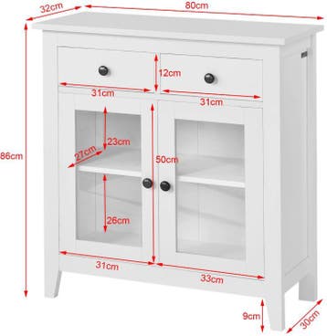 Wit Dressoir 80 cm –Opbergkast met 2 Lades en 2 Glazen Deure, Huis en Inrichting, Kasten | Dressoirs, Verzenden, Nieuw