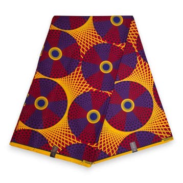 Afrikaanse wax print stof - Geel Paars Royal Fans - Polycott, Hobby en Vrije tijd, Stoffen en Lappen, Ophalen of Verzenden, Nieuw
