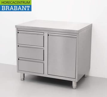 HCB RVS Werkkast Kast Werktafel Afvalbak en 3 laden 100 cm, Ophalen of Verzenden, Nieuw in verpakking