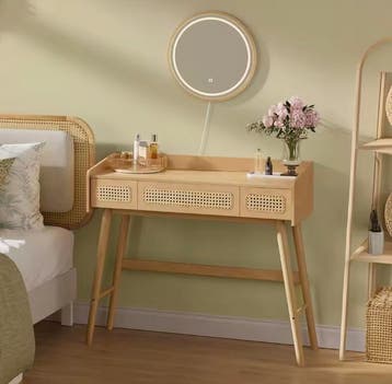 Kaptafel met LED-Spiegel – 3 Lades, Boho Rotanlook Design, Huis en Inrichting, Tafels | Kaptafels, Verzenden, Nieuw