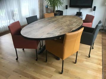 Set van 6 leren kuip eetkamerstoelen met wieltjes - Grijs, Huis en Inrichting, Ophalen of Verzenden, Nieuw, Leer