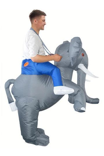 KIMU® Opblaas Kostuum Zittend Op Olifant Opblaasbaar Pak Oli, Carnaval, Nieuw, Overige maten, Ophalen of Verzenden