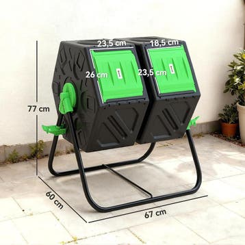 Draaibare compostbak - Dubbele compostbak - 130L - 67x60x77, Verzenden, Zo goed als nieuw