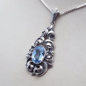 Zilver, Grote Art Nouveau, Blauwe Spinel(Getest) - Ketting