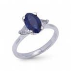 Ring Platina damesring met blauwe saffier en triljoen, Nieuw