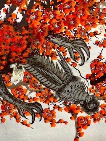 Draak en Rode Pruim - Papier - Hobai - Japan - 20e eeuw, Antiek en Kunst