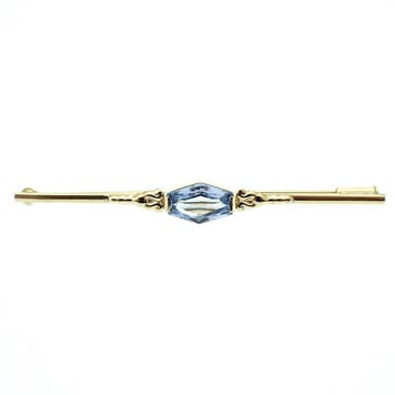 Vintage gouden lange smalle broche met aquamarijn, Gebruikt, Ophalen of Verzenden, Met edelsteen, Goud