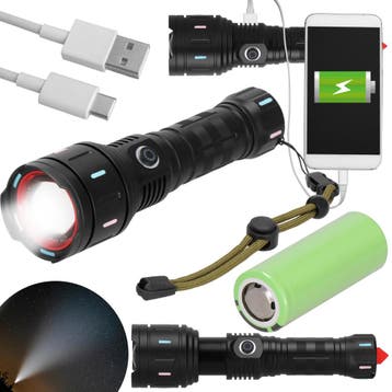 Zaklamp - Militair - Zoom - LED - Oplaadbaar - Zwart., Ophalen of Verzenden