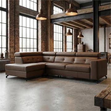 Leren hoekbank Nova - 2.5-zits arm rechts + Longchair arm, 250 tot 300 cm, Bohemian, Industrieel, Modern, Scandinavisch, Hoekbank