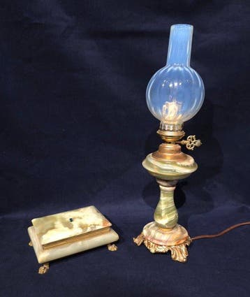 Lampada da tavolo o scrivania con portagioie in onice verde., Antiek en Kunst
