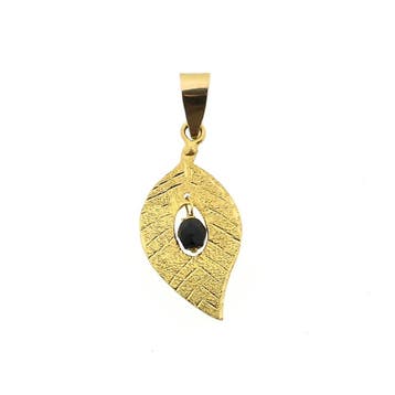 Gouden hanger van een blad met granaat (Hanger of bedel), Ophalen of Verzenden, Gebruikt, Goud, Overige merken