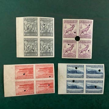 Newfoundland 1932 - Proeven ; vier blokken van vier ongetand, Postzegels en Munten, Gestempeld