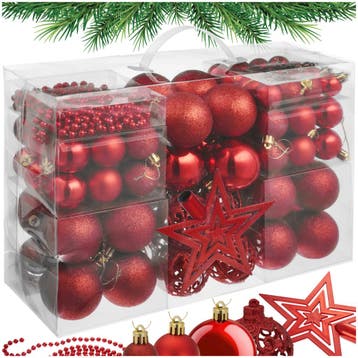 84 kerstballen onbreekbaar met ketting en ster rood - rood, Verzenden, Nieuw