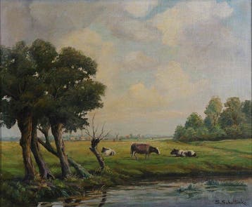 Sam Schellink (1876-1958) - Zomerlandschap met koeien, Antiek en Kunst, Kunst | Schilderijen | Klassiek