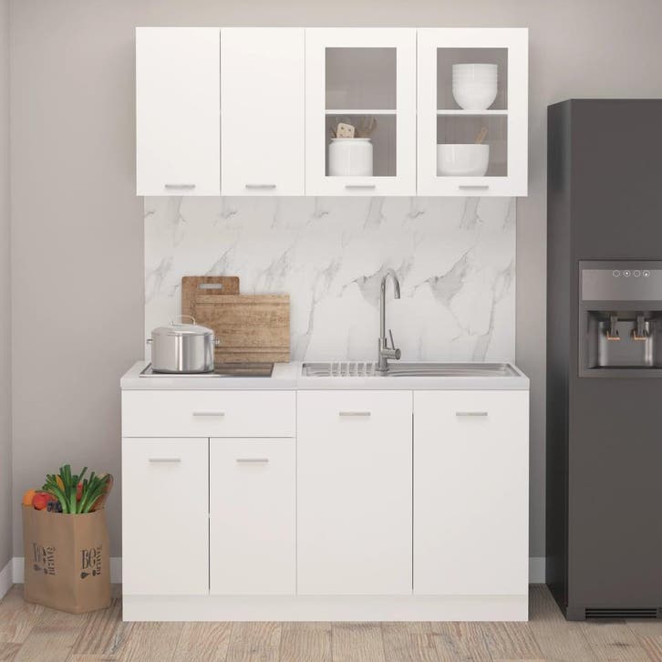 vidaXL 4-delige Keukenkastenset Lyon bewerkt hout wit, Huis en Inrichting, Keuken | Keukenelementen, Wit, Nieuw, Verzenden