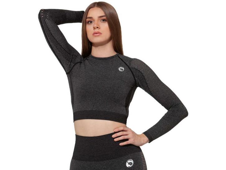 Dames sport crop top - lange mouwen  - Zwart Melange, Kleding | Dames, Sportkleding, Verzenden