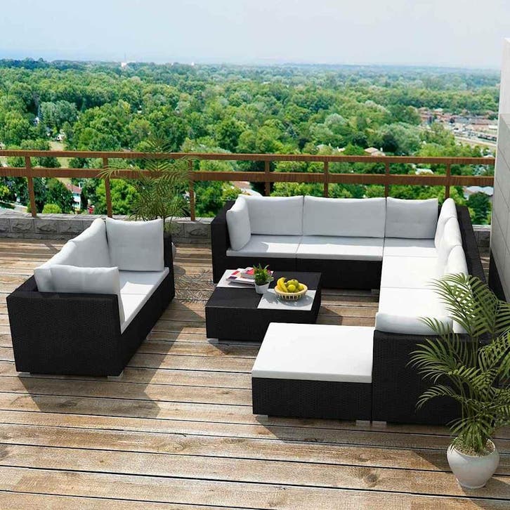 vidaXL 10-delige Loungeset met kussens poly rattan zwart, Tuin en Terras, Tuinsets en Loungesets, Loungeset, Nieuw, Meer dan 8 zitplaatsen