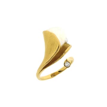 Gouden cocktailring met barokparel en diamant; 0,05 ct., Gebruikt, Ophalen of Verzenden, Kleiner dan 17, Met edelsteen