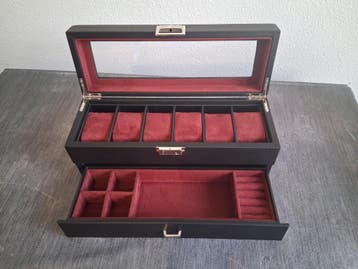 Luxe Horloge- en Sieradendoos Zwart Leer met Rood Velours –, Sieraden, Tassen en Uiterlijk, Verzenden, Nieuw, Zwart, Hardcase