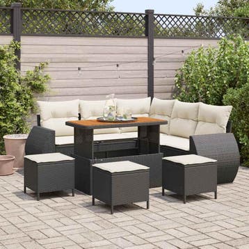 vidaXL Tuin Sofa Set met kussen 9 pcs Zwart en Crème poly, Verzenden, Nieuw, Rotan, Meer dan 8 zitplaatsen
