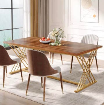 Nieuwe Luxe Eettafel 160x80cm – Houtlook en Gouden Frame, 50 tot 100 cm, 100 tot 150 cm, Verzenden, Nieuw