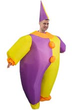 KIMU® Opblaas Kostuum Clown Geel Paars Opblaasbaar Pak Clown, Carnaval, Nieuw, Overige maten, Ophalen of Verzenden