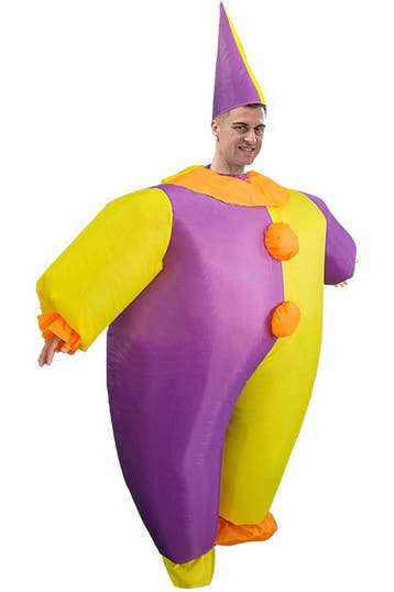 KIMU® Opblaas Kostuum Clown Geel Paars Opblaasbaar Pak Clown, Carnaval, Nieuw, Overige maten, Ophalen of Verzenden