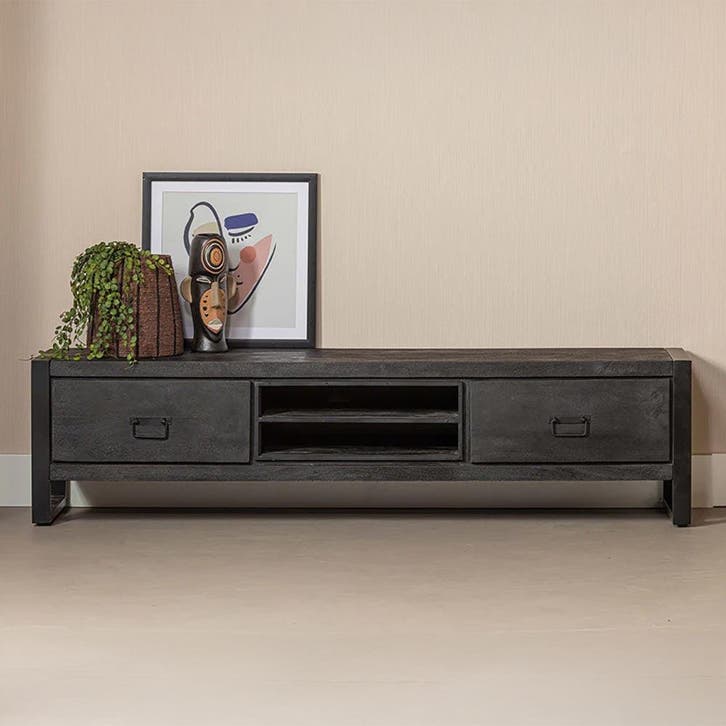 Tv-meubel Mangohout Kelvin 160 Zwart, Huis en Inrichting, Kasten | Televisiemeubels, Nieuw, Overige houtsoorten, Verzenden