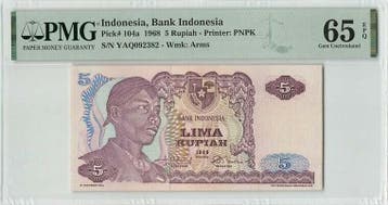 1968 Indonesia 5 Rupiah Pick 104a Pmg Gem Unc 65 Epq, Verzenden