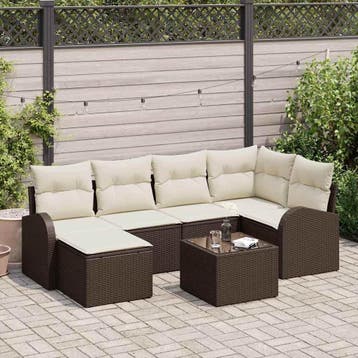 vidaXL Bankstel 7 st Bruin en wit poly rattan, Verzenden, Nieuw, 7 zitplaatsen