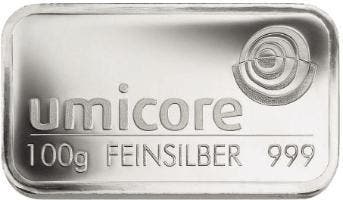 100 gram zilverbaar Umicore (in seal), Postzegels en Munten, Edelmetalen en Baren, Zilver, Verzenden