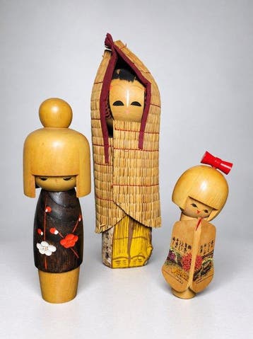 3 Japanse vintage Kokeshi – Bandori/Mino, Ssaku gesigneerd